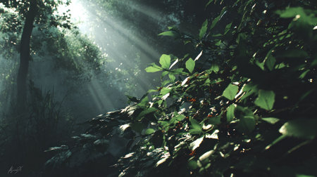 Sunlight streams through tree branches, illuminating green leaves and creating a mystical ambiance. The image presents a forest scene with a focus on natural light and shadows, suggesting a serene outdoor setting. Suitable for various commercial and editorial applications, this visual emphasizes the beauty of nature.の素材