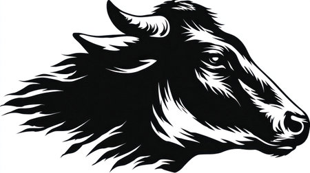 A striking black and white illustration features a bull head depicted in profile. The artwork showcases detailed linework, creating a bold and graphic style. The monochrome color scheme emphasizes the animal's form and texture. This image can be used for various commercial purposes, including design projects.の素材