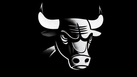A grayscale illustration presents a bull's head in a stylized form, showcasing stark contrasts between black and white. The composition features sharp lines and bold shading, implying a two-dimensional vector style. Suitable for various design applications, it is ideal for commercial uses seeking impactful visual elements.の素材