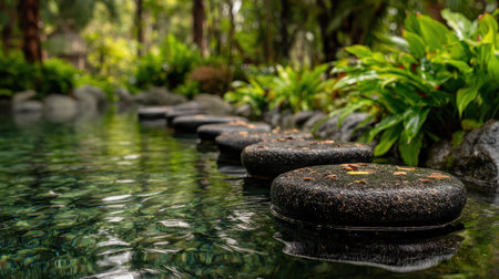 A close-up captures stepping stones across clear water, creating a path. The image features lush greenery and vibrant colors, with sunlight enhancing the details of the stones and the surrounding vegetation. This tranquil scene could be used for various projects related to nature or relaxation.の素材