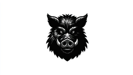 A detailed black and white illustration presents a fierce boar. The animal's face, with prominent tusks, is central. The image utilizes a clean, graphic style, contrasted against a bright white background. It could be used for various design projects including print or digital media for illustrative purposes.の素材