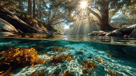 A tranquil river flows through a dense forest, illuminated by bright sunlight filtering through the trees. The composition shows both above and below the water's surface, revealing aquatic plants. Ideal for nature, environment, or travel themes, it could be used in various commercial applications.の素材