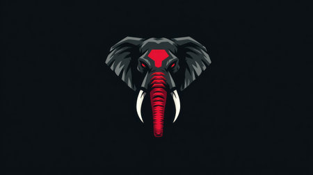 An elephant head is rendered in a graphic illustration style, dominated by a black background. The artwork features a red and black color palette, emphasizing the elephant's facial features and tusks. The design could be employed in branding, design, or decorative applications, and it is suitable for various commercial purposes.の素材