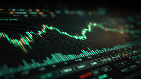 A close-up view displays a stock market graph, illustrating financial data and trading activity. The composition features a digital screen with green and white lines. Ideal for representing finance, investment, and market trends, it is suitable for various editorial and commercial applications.の素材