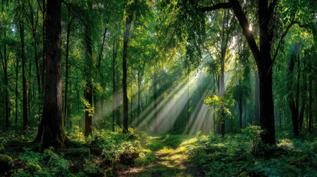A dense forest interior is illuminated by beams of sunlight filtering through the canopy. The scene showcases a variety of green hues from the foliage, with visible textures of bark and leaves. This image may be suitable for use in various projects that require imagery of nature, environment, or landscape.の素材