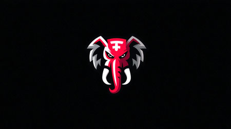 A digital illustration features a red elephant head with stylized features, set against a solid black backdrop. The artwork showcases a bold, graphic style with sharp lines and contrasting colors. This image is suitable for various applications, including website design, branding materials, or editorial use. The composition is simple and impactful.の素材