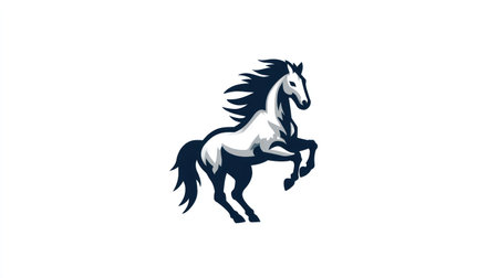 A dark blue and white stylized illustration depicts a rearing horse against a plain white backdrop. The graphic shows the horse with flowing mane and tail in a dynamic pose. It could be used in design projects, such as logos, branding, or editorial concepts.の素材