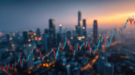 A digital stock market chart, illustrated by red and blue lines, is superimposed over a blurred city view. The background features a cityscape under a twilight sky with building silhouettes. This image might be suitable for financial news, economic reports, or presentations related to market analysis.の素材