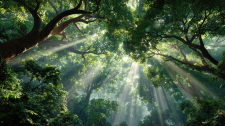 An overhead view reveals a dense forest canopy bathed in sunlight. The image showcases tall trees with green foliage and textured bark. Bright rays of light pierce through the leaves, illuminating the environment. The image is ideal for use in nature-themed projects, illustrating concepts of environment or ecology.の素材