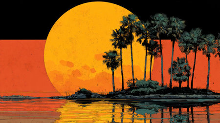 An illustration depicts a sunset scene featuring a large orange orb and silhouettes of palm trees on a small island. The composition includes water reflecting the warm hues of the sky. The artistic style suggests a graphic novel or poster. It could be used for various commercial or editorial purposes.の素材