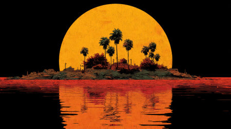An artistic depiction of an island at sunset featuring palm trees and a body of water with reflections. The scene presents a dark color palette primarily using orange and black, with a textured style. Ideal for environmental themes or illustrative projects requiring a scenic backdrop, the image is suitable for various commercial or editorial uses.の素材