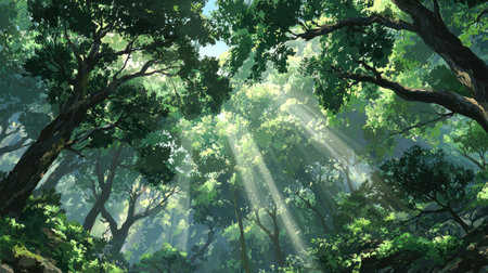 An illustration depicts a verdant forest scene where sunlight penetrates the dense canopy. Various shades of green dominate the composition with light beams highlighting the leaves. The image presents a stylized representation of nature, likely suitable for editorial or commercial applications.の素材