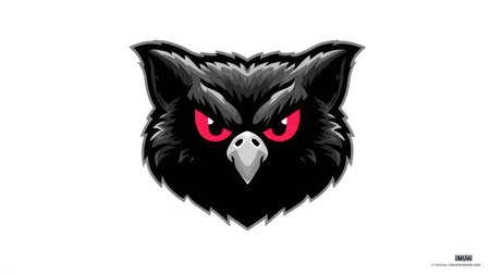 A digital illustration depicts a stylized owl head against a white backdrop. The owl is primarily black, with details defined by shading. Its red eyes are striking and the image has a vector graphic style. This image is suited for various design projects, including logos, icons, and graphic elements.の素材