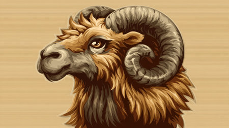 This illustration showcases a detailed depiction of a ram's head. The artwork features a warm color palette with shades of brown and beige. The animal's fur and large horns are intricately rendered, conveying a sense of texture. Suitable for various design projects, it could be used in print or digital media for decorative or conceptual purposes.の素材