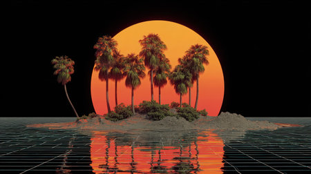 An island with palm trees is silhouetted against a large orange sun. The scene features warm tones of orange, brown and black. The water surface below reflects the island and the sun, creating a symmetrical design. Suitable for various creative projects, including digital art and advertising.の素材