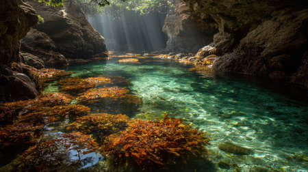 An overhead view reveals a tranquil natural pool with crystalline turquoise water and surrounding rock formations. Sunlight beams pierce through from above, illuminating the water's surface. The composition displays various textures and colors with possible uses in environmental, travel, or nature-related projects.の素材