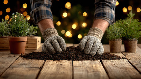 A person wearing gloves is working with soil on a wooden surface. Potted plants are arranged around the work area, illuminated by soft lighting in the background. The image has a warm color palette with natural textures. It is suitable for commercial use in gardening or lifestyle projects.の素材