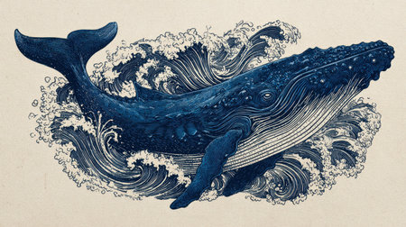 An illustrated blue whale is depicted swimming through stylized ocean waves. The image uses a limited color palette of blue and white, creating a contrast against the beige background. The artwork's style is reminiscent of a detailed drawing. It could be suitable for various design projects, including educational materials or decorative prints.の素材