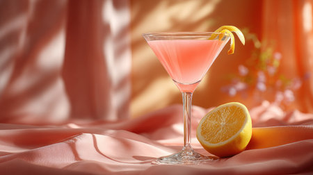 A vibrant pink cocktail is presented in a classic stemmed glass, garnished with a lemon peel. Adjacent, a halved lemon rests near the glass, set against a backdrop of soft, textured fabric. The scene is bathed in warm sunlight, creating captivating shadows. Suitable for use in food and beverage related publications and advertising.の素材