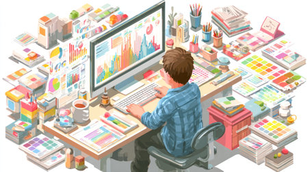 A person is depicted working on a computer at a desk, the scene bursting with colorful design elements. The composition features a variety of objects, including charts, color palettes, and stationery. The style is illustrative with soft lighting, suggesting an office environment suitable for marketing or editorial content.の素材