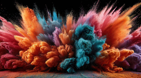 An artistic representation features an explosion of multicolored powder, showcasing a range of bright hues. The composition emphasizes a central burst with an intricate texture. The scene is illuminated, suggesting a studio environment, suitable for various design, marketing, and artistic endeavors.の素材