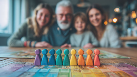 A family is gathered around a wooden table, engaged in a board game. Focus is on the colorful game pieces. The background reveals blurred figures suggesting an indoor setting. Soft lighting suggests a relaxed atmosphere. This image could be used for illustrations about family activities, leisure, or entertainment.の素材