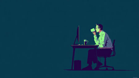 A person is seated at a desk, looking at a computer screen while drinking from a cup. The image features a minimalist style with limited colors. The composition suggests an office or workspace environment. Suitable for various design projects and could be used for web design, advertising, and editorial purposes.の素材