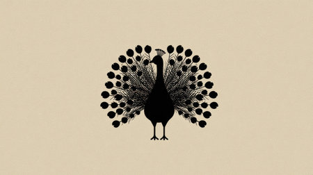 A black silhouette of a peacock displays its open tail on a beige background. The symmetrical composition features detailed feathers. Soft lighting highlights the graphic style. This image suits various commercial applications, including design projects and illustrative content. It is suitable for diverse creative uses.の素材
