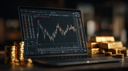 A laptop screen showcases financial data analysis with graphs. Golden bars and stacks of coins are visible, suggesting wealth and investment. The image utilizes artificial lighting and a shallow depth of field, set in an indoor environment. Suitable for articles or content related to finance and business.の素材