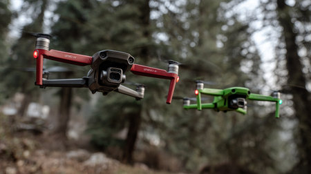 Two drones are captured mid-flight, showcasing a dynamic view against a blurred forest backdrop. The drones present a modern aesthetic, with a mix of red, green, and black accents. The soft focus enhances the aerial perspective. This imagery could be used for technology, innovation, and environmental content.の素材