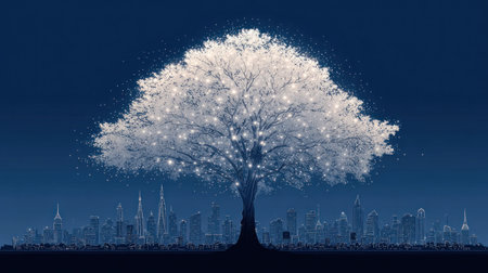 An illuminated tree silhouette dominates the scene, positioned above a stylized cityscape against a dark blue gradient. The tree's glowing effect and the city's details are rendered in white. This digitally created image uses elements of light and shadow, presenting a modern interpretation. Suitable for various creative and conceptual applications.の素材