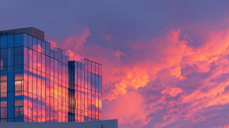 An office building with a glass facade reflects the vibrant colors of a sunset sky. The composition showcases the geometric lines of the structure against a backdrop of orange, pink, and purple clouds. This image could be suitable for various commercial or editorial applications related to architecture or weather.の素材