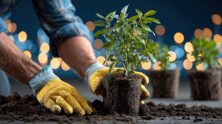A gardener carefully plants a young seedling into the earth, showcasing vibrant green foliage. The scene features warm, soft lighting and a close-up perspective. Yellow gloves are visible, adding color contrast against the dark soil. The image could be used for illustrating gardening practices or concepts related to growth.の素材