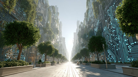 This image presents a futuristic cityscape, featuring a wide avenue flanked by tall structures that incorporate circuit board designs and vibrant greenery. The scene is bathed in bright sunlight, suggesting an outdoor environment, with an emphasis on technological and natural elements. It may be suitable for illustrating concepts related to technology or urban development.の素材