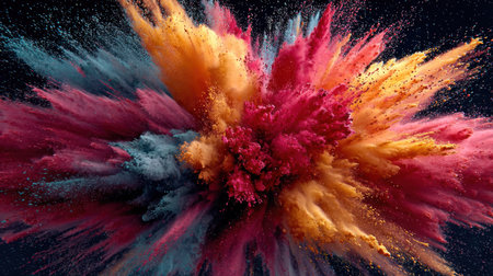An artistic image presents a vibrant explosion of colorful powder against a dark backdrop. The composition showcases a dynamic burst of orange, pink, and teal hues. This visual effect might be ideal for illustrating concepts of energy, celebration, or creative design in various commercial applications.の素材
