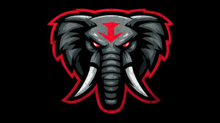 This illustration features a detailed elephant head with a bold red outline against a dark background. The artwork highlights the animal's eyes with a fierce expression. The image is likely designed for logos, branding, or decorative purposes. Its strong visual elements lend it to a variety of commercial and editorial uses.の素材