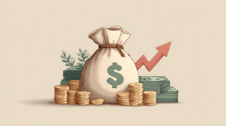 An illustration depicts a bag of money with a dollar sign, surrounded by stacks of coins and cash, and a rising arrow. The composition uses soft colors and a clean style. It suggests concepts of finance, investment, and growth. Suitable for various financial or business-related content, or commercial use.の素材