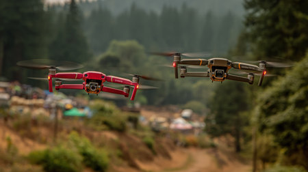 Two drones are in mid-flight against a blurred backdrop of trees. The drones are a combination of red and gray, and the image uses a shallow depth of field. The scene evokes a sense of movement in an outdoor, possibly natural environment. This image could be used for technology, innovation, and environmental content.の素材