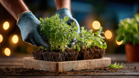 A gardener's hands, wearing blue gloves, carefully transplant vibrant green herbs into a small pot with dark brown soil. The scene showcases a rustic wooden surface with small plants, hinting at an outdoor setting. The image uses a shallow depth of field, ideal for various gardening, lifestyle, or editorial purposes.の素材