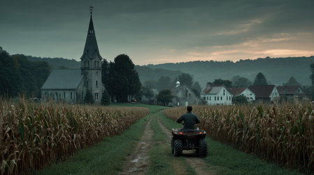A man rides an all-terrain vehicle along a rural road, heading towards a distant village church. The scene is illuminated by soft, overcast lighting. Fields of crops line the path, framing the view. This imagery could be used for storytelling, travel, or articles about rural life.の素材