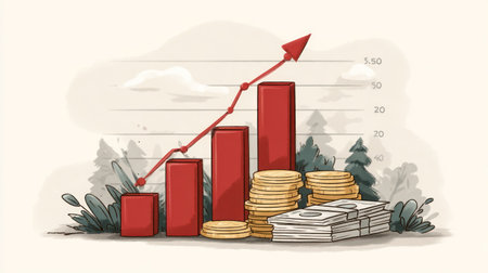 An illustration depicts financial growth with a rising red line over red bar graphs. Coins and money are featured, suggesting economic progress. The style is a watercolor effect with a light color palette. This image is suitable for use in business presentations, financial reports, or marketing materials.の素材