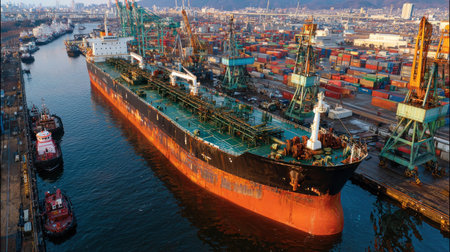 A massive cargo ship is docked in a bustling port surrounded by containers, cranes, and various vessels. The image features a daylight composition with a mix of colors and textures from the ship, containers, and surrounding structures. This scene could be suitable for commercial use in the shipping or logistics industry.の素材