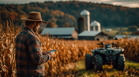 A farmer wearing a hat stands in a harvested field, examining a tablet. The image features a rural scene, including an all-terrain vehicle and buildings. The lighting suggests daytime. The photograph could be used for agricultural, technology, or rural-themed visual content.の素材