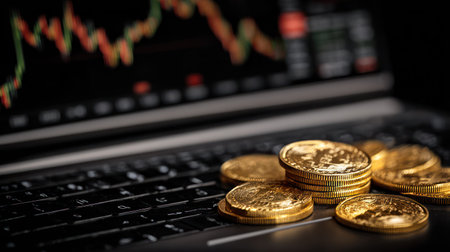 The image shows a stack of golden coins resting on a laptop keyboard with a blurred financial graph displayed on the screen. The composition has shallow depth of field, with coins taking focus. It suggests business and finance themes with a dark environment. Potential uses include articles about investment, economics, and trading.の素材