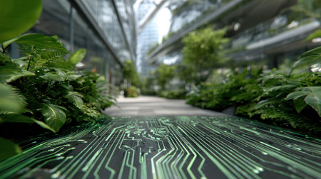 A low-angle shot presents a futuristic urban landscape featuring a circuit board path leading into a green environment. Vivid foliage and trees populate the scene, reflecting natural light. The photograph could be utilized in projects concerning technology, sustainability, innovation, or design, suggesting integration of nature and tech.の素材