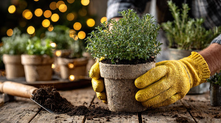 A gardener wearing yellow gloves carefully holds a small potted plant on a wooden surface. Several other plants in terracotta pots are visible, along with a trowel and a pile of soil. The composition features warm lighting with a blurred background suggesting an interior setting, possibly at night. This image could be used for gardening, home improvement, or lifestyle themes.の素材