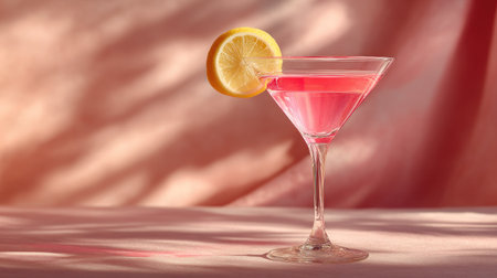 A martini glass filled with a vibrant pink cocktail is presented with a lemon garnish. The image shows soft lighting with shadows against a monochromatic pink backdrop. It offers a clean aesthetic suited for advertising purposes, or for editorial content related to beverages.の素材