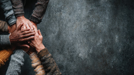 Several hands of diverse individuals are piled on top of each other, symbolizing teamwork. The image presents a neutral palette of browns and grays, with textured details. The composition, lit with soft lighting, may be suitable for illustrating collaboration and group efforts in various commercial and editorial contexts.の素材