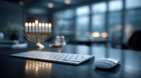 A decorative menorah with lit candles sits on a dark wooden desk in an office. Next to it are a computer keyboard and a mouse. The image uses a shallow depth of field, employing soft lighting and muted colors. It could be used for various projects related to business or celebration.の素材