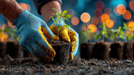A close-up view depicts gloved hands carefully planting a small seedling into the soil. The image showcases detailed textures and a shallow depth of field, with soft focus on the background lights. This scene suggests cultivation and growth, suitable for various editorial and commercial applications.の素材